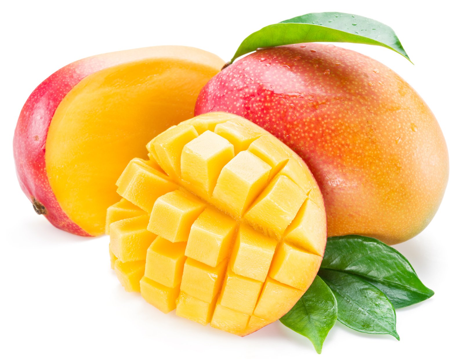 Mango cubes and mango fruit.